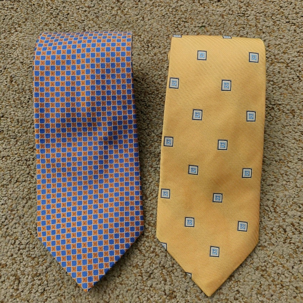 Brooks Brothers Makers Silk Tie Lot 2 Mens Blue Orange Yellow Geometric USA